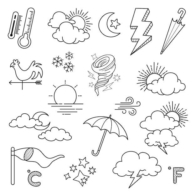 Vetor de doodle do tempo definir ilustração com mão desenhar linha arte estilo vetor estrela sol
