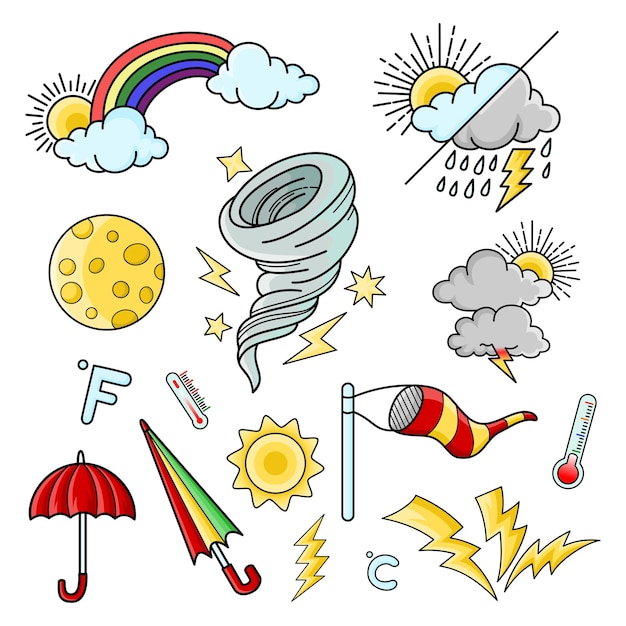 Vetor de doodle do tempo definir ilustração com mão desenhar linha arte estilo vetor estrela sol