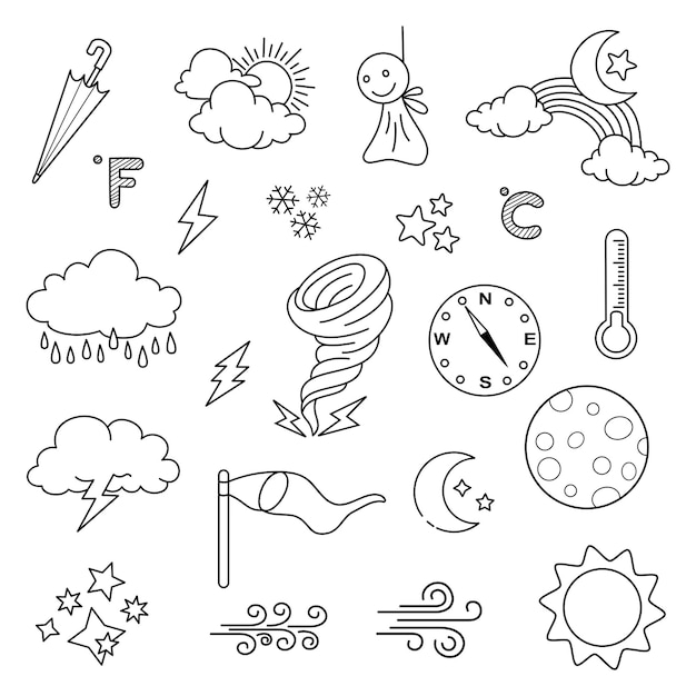 Vetor de doodle do tempo definir ilustração com mão desenhar linha arte estilo vetor estrela sol