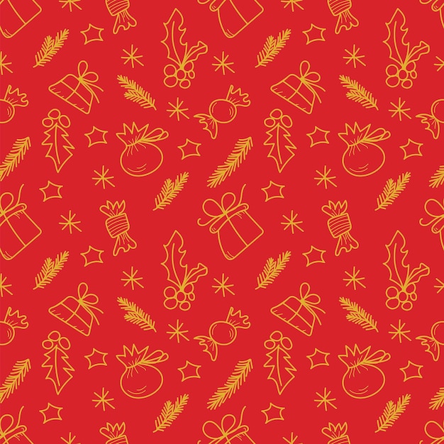 Vetor de doodle padrão sem costura com galhos de árvores de Natal, presentes e doces em um fundo vermelho