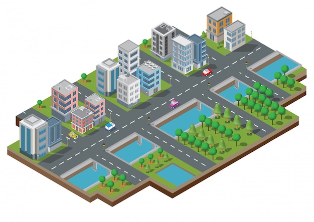 Vetor de edifício cidade isométrica. A cidade na jarda com estrada e árvores. Ponte sobre o rio. cidade inteligente e parque público. edifício 3d, carros, capital, escritório de vetor e o conceito de metrópole.