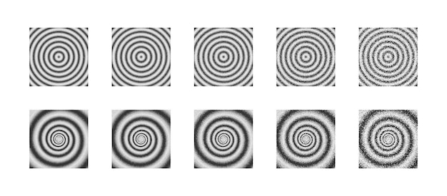 Vetor de efeito ondulado e espiral abstrato pontilhado definindo diferentes variações isoladas em branco