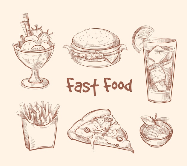 Vetor de fast-food conjunto estilo de desenho na mão desenhada