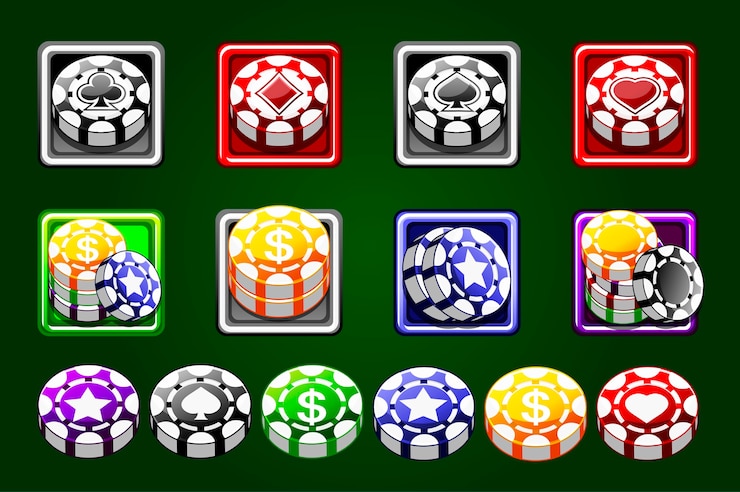Vetor vetor de fichas de cassino isolado sobre fundo verde. fichas coloridas. fichas 3d do jogo de casino. banner de cassino online. definir o conceito de jogo, ícone do aplicativo móvel de pôquer.