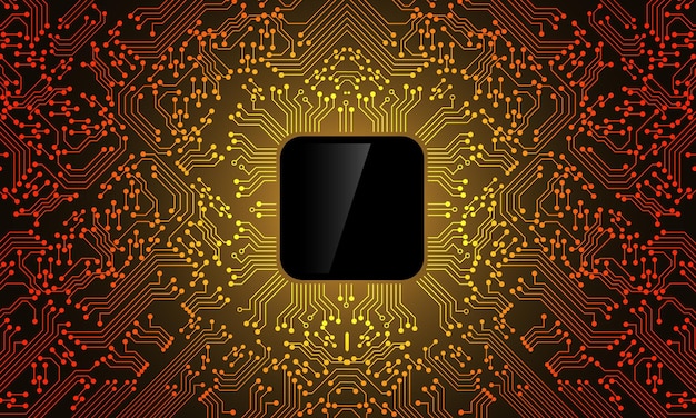 Vetor de fundo padrão de tecnologia de microprocessador preto de linha de circuito laranja