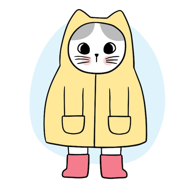 Vetor de gato fofo de desenho animado e roupa de chuva