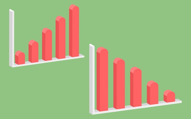 Vetor vetor de gráfico de barras 3d isolado em gráficos 3d verdes aumenta e diminui estatísticas de cores retrô