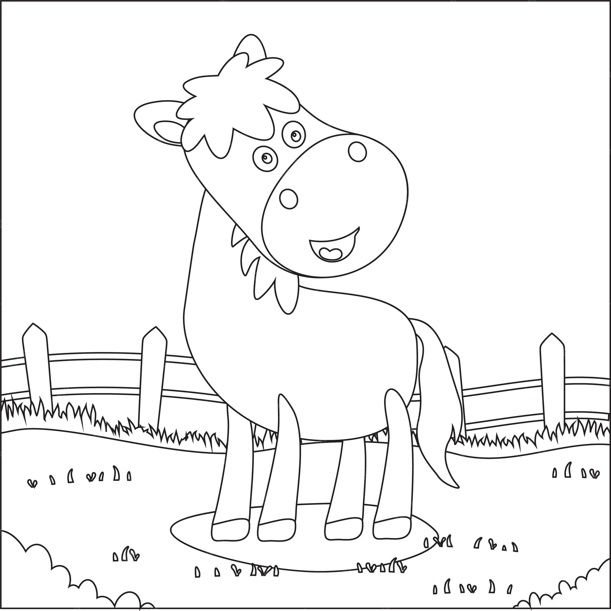 Vetor de ilustração de cavalo de baía de desenho animado plano para  atividade infantil livro ou página para colorir