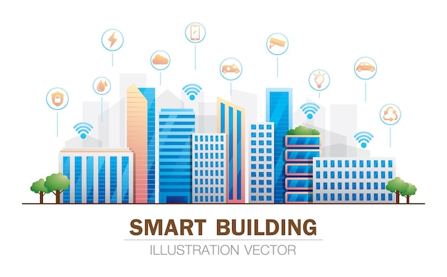 Vetor de ilustração de edifícios inteligentes com ícones de serviço inteligente