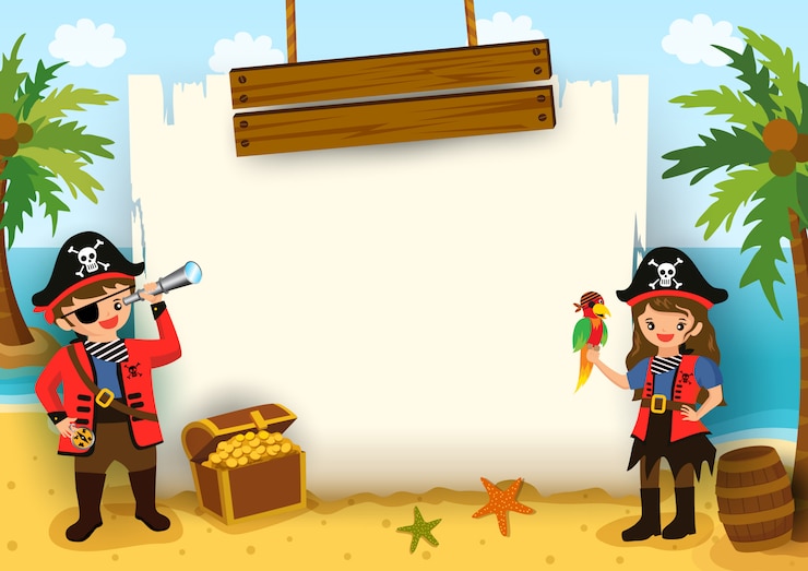 Vetor vetor de ilustração de menino e menina pirata com quadro de mapa em fundo de praia.