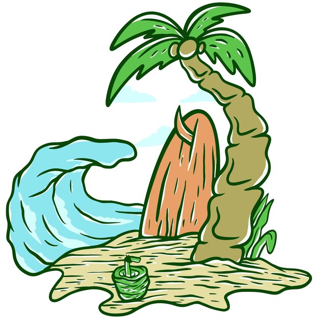 Vetor vetor de ilustração de surf na praia com vista de verão
