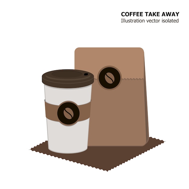 Vetor de ilustração de takeaway de xícara de café com saco de papel de lanche