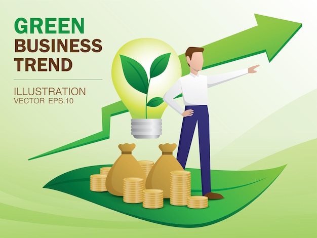 Vetor de ilustração de tendência de negócios verde o empresário está de pé em uma folha verde e aponta para a frente