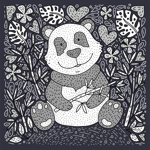Vetor de ilustração de urso panda com cartão de desenho animado desenhado à mão de bambu