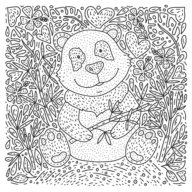 Vetor de ilustração de urso panda com cartão de desenho animado desenhado à mão de bambu