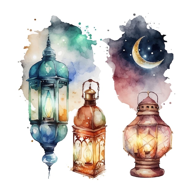 Vetor de ilustração em aquarela de lanterna islâmica ramadan kareem