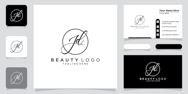 Vetor de logotipo de caligrafia inicial jd com design de cartão de visita vetor premium