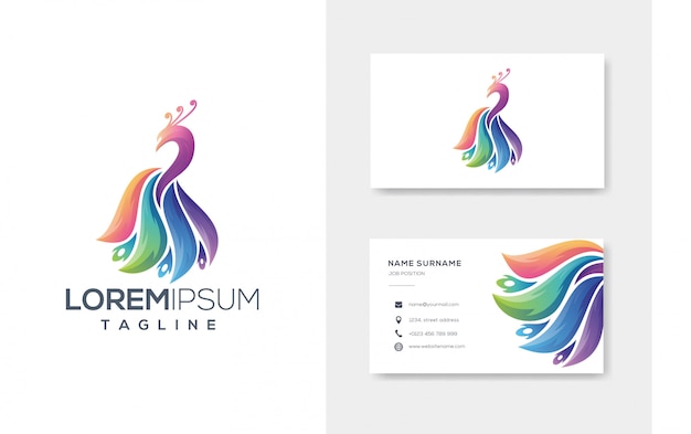 Vetor de logotipo de pavão abstrato colorfull com cartão