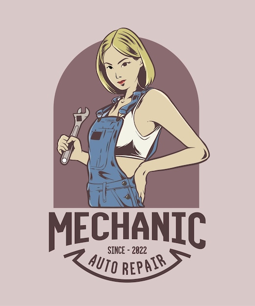 Vetor de logotipo de personagem de menina mecânica vintage