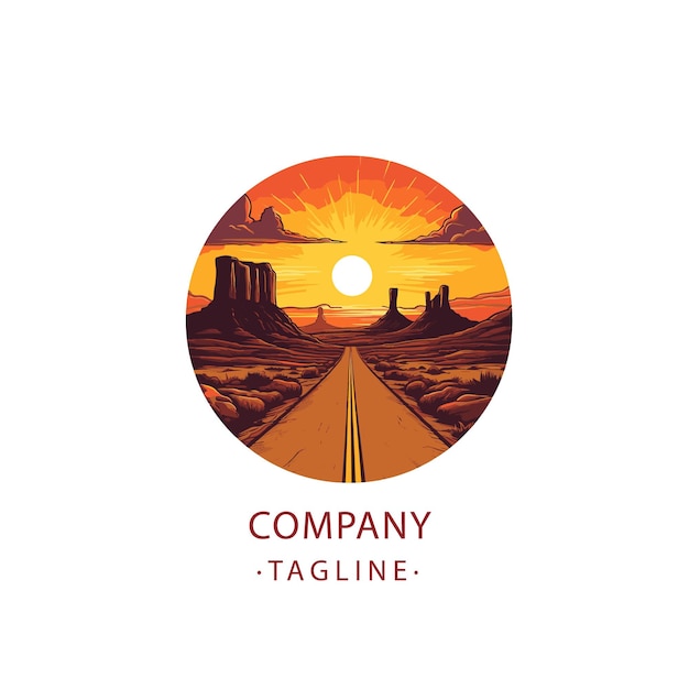 vetor de logotipo de viagem no deserto por do sol com ícone de viagem em rodovia