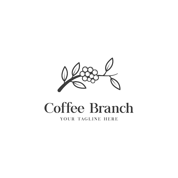 Vetor de logotipo mínimo hipster de ramo de planta de feijão de café com ícone de contorno de linha simples de folha para o conceito de café natural