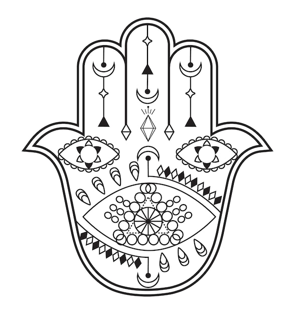 Vetor de mão hamsa com símbolos esotéricos místicos como pirâmide mau-olhado página de cor indiana tatuagem henna ilustração wicca arte oculta astrológica