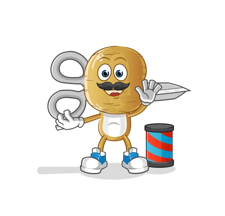 Vetor vetor de mascote de desenho animado de barbeiro de cabeça de batata