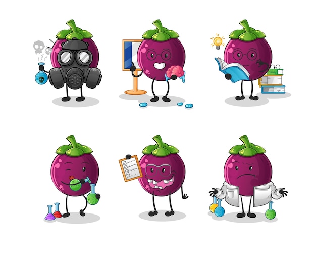 Vetor de mascote de desenho animado de personagem de grupo de cientistas de mangostão