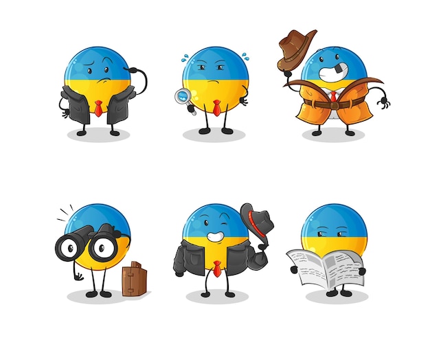 Vetor de mascote de desenho animado de personagem de grupo de detetive de bandeira da ucrânia