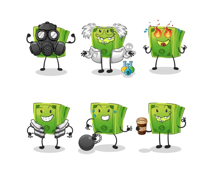 Vetor vetor de mascote de desenho animado de personagem de grupo de vilão de dinheiro