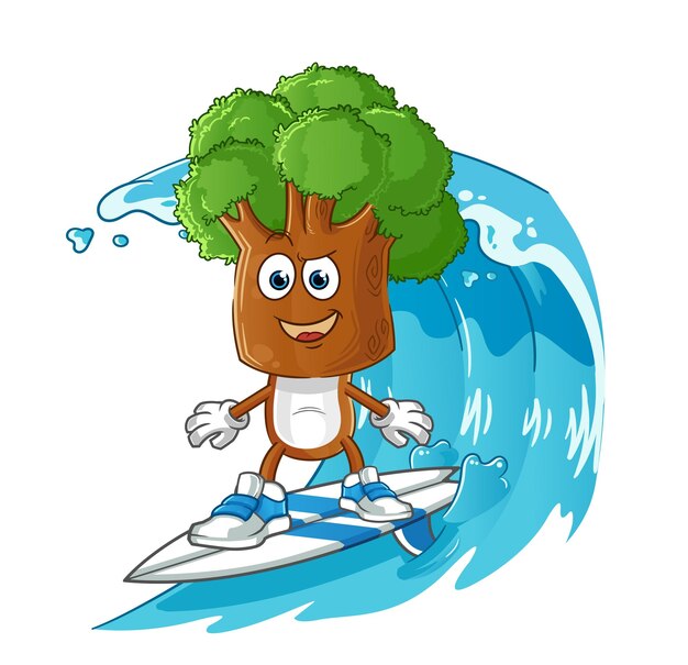 Vetor de mascote de desenho animado de personagem de surf de cabeça de árvore
