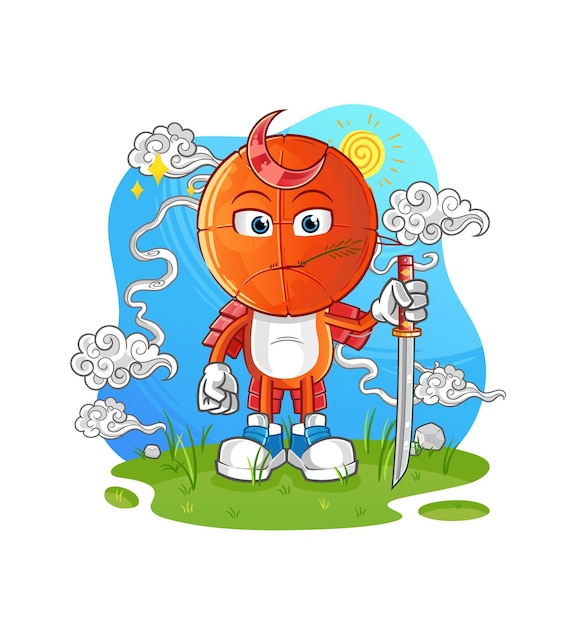 Vetor de mascote de desenho animado de samurai de cabeça de basquete