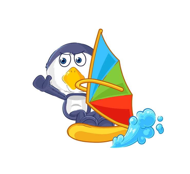 Vetor vetor de mascote de personagem de windsurf de pinguim