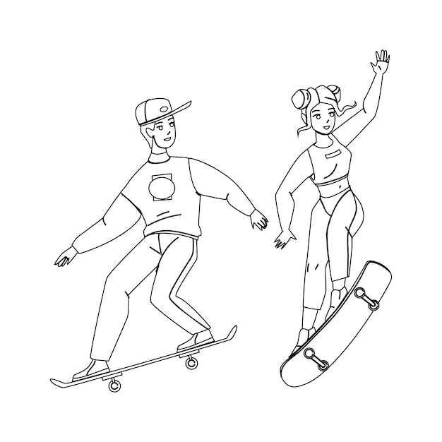 Vetor de menino e menina andando de skate juntos