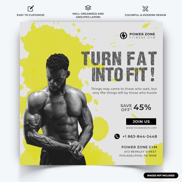 Vetor de modelo de banner da web de postagem de instagram de academia e fitness vetor premium