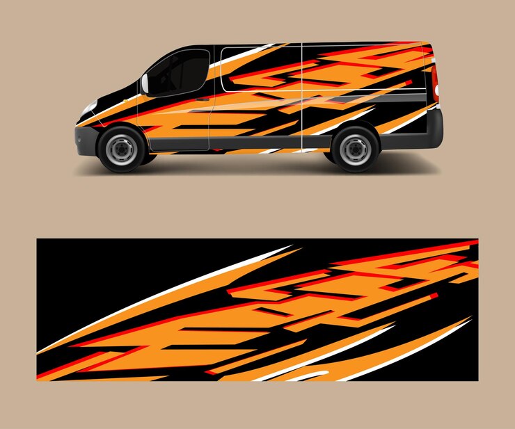 Vetor vetor de modelo de design van wrap com envoltório de decalque de formas de onda e vetor de modelo de adesivo