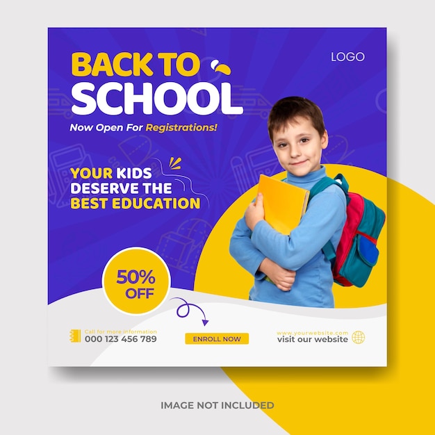 vetor de modelo de postagem de mídia social de admissão escolar azul elegante