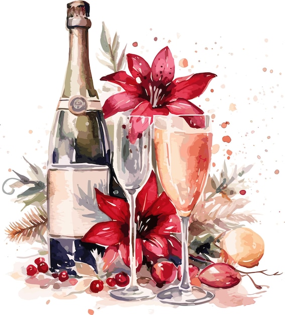Vetor vetor de natal tradicional mesa champanhe e copos flores vermelhas na mesa ilustração vetorial em fundo branco