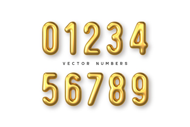 Vetor de números dourados definido caracteres de metal realistas 3d.