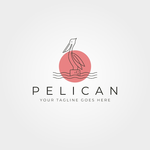 Vetor de pássaro pelicano linha arte logotipo símbolo ilustração design com símbolo do pôr do sol