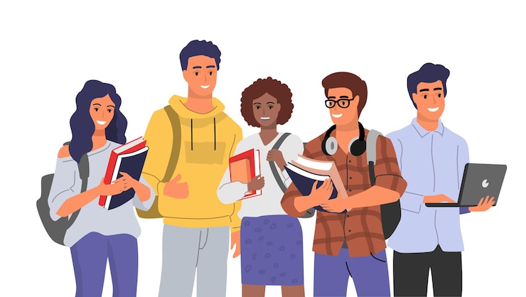 Vetor vetor de personagem de estudante. pessoas com livros e mochilas.