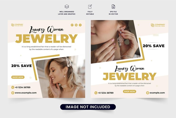 Vetor vetor de postagem de mídia social de negócios de joias modernas com formas abstratas ornamentos design de banner promocional da web com formas geométricas vetor de cartaz de venda de joias especial com espaços reservados para fotos