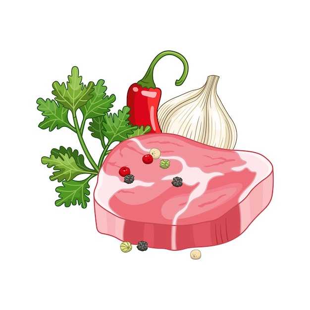 Vetor de prato de bife de carne com ervas e especiarias em estilo cartoon. ilustração de comida e refeição. isolado no branco.