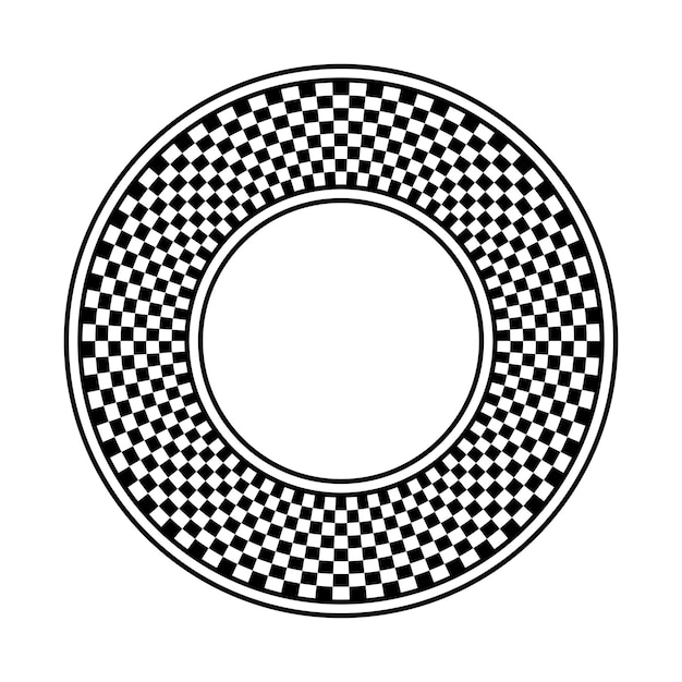 Vetor vetor de quadro de círculo quadriculado preto e branco. borda circular de padrão de tabuleiro de xadrez.