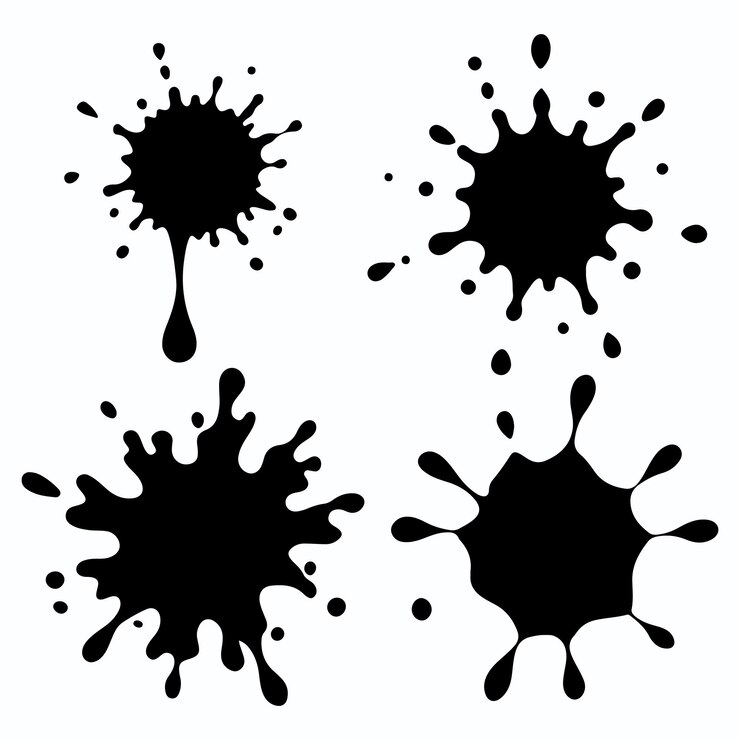 Vetor vetor de salpicos ou gotas de água salpicos de tinta preta mancha de sujeira salpicos e silhuetas de botas