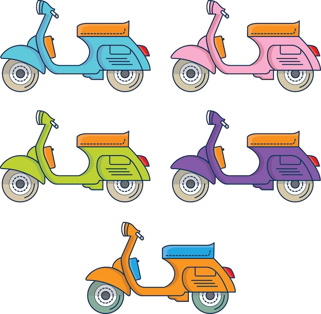 Vetor de scooter de veículo de motocicleta minimalista com cor azul rosa verde roxo e laranja