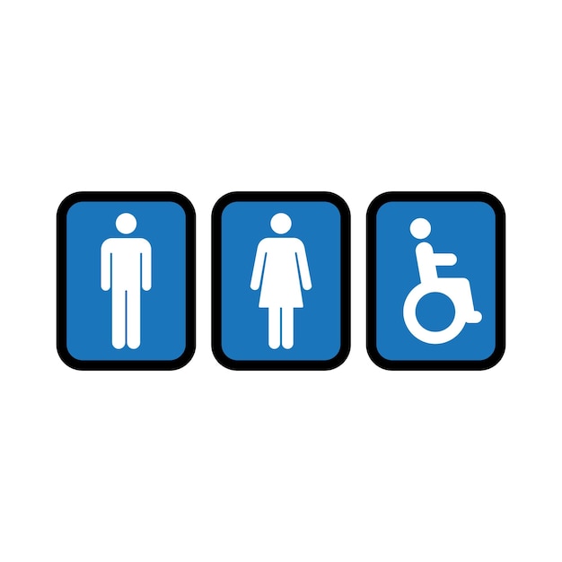 Vetor vetor de sinal de banheiro com homem mulher e símbolo de cadeira de rodas com deficiência em uma ilustração de pictograma de glifo