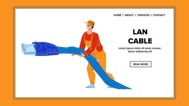 Vetor de trabalhador técnico de conexão de cabo lan. funcionário de serviço de suporte para conectar cabo lan de rede. cabo elétrico para internet. personagem engenheiro ocupação profissional web flat cartoon ilustração