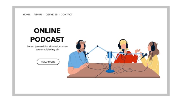 Vetor vetor de trabalhadores de rádio de gravação de podcast online. jornalistas entrevistando convidados, mass media broadcasting business. personagens se comunicando e transmitindo ilustração plana dos desenhos animados da web