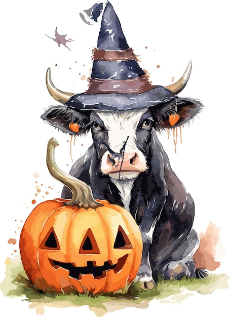 Vetor vetor de vaca com chapéu abóbora de halloween e chapéu laranja de vaca com vetor de vaca e jack o lanterna em fundo branco